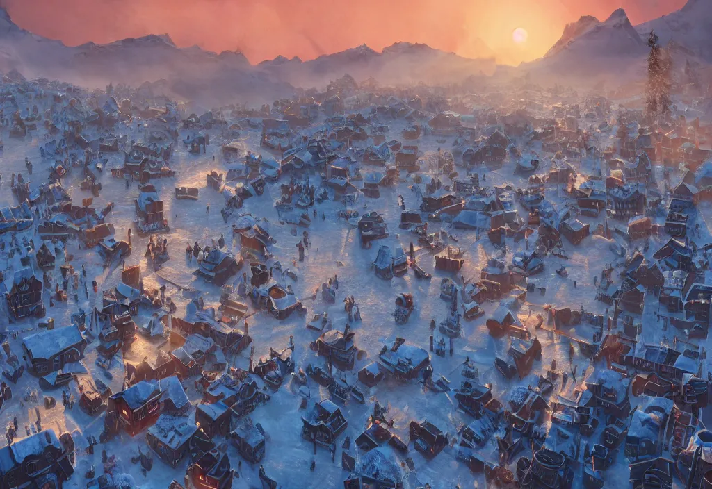 Image similar to accidentally wes anderson award - winning photograph of a frozen frostpunk city, art by greg rutkowsky, trending on artstation, cinematic lighting, filmic grain, golden hour, detailed, 4 k