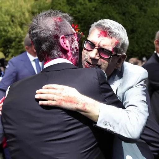 Image similar to Zombie Patrick Balkany hugging kawaii Alexandre Benalla