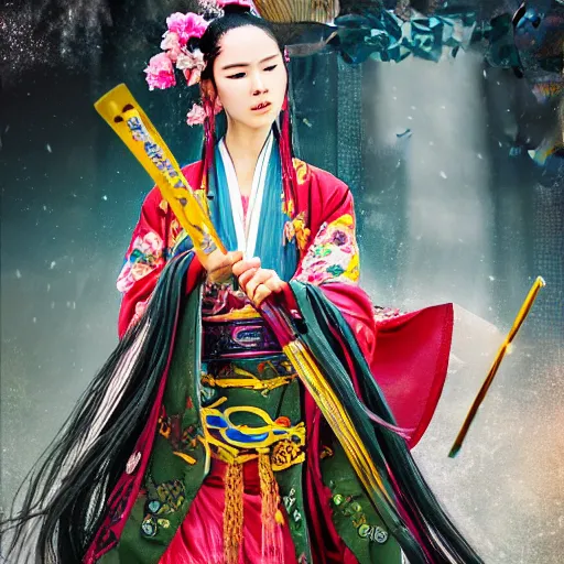 Image similar to An epic fantasy comic book style portrait painting of a female wuxia sword dance Chinese costume , long hair, smoke, feathers flying, flowers rain everywhere, full body XIANXIA, Chinese temple, depth of field, 4k