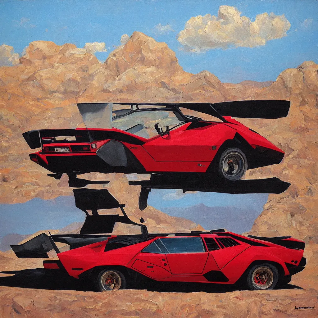 Prompt: Lamborghini Countach in the Arizona desert, oil painting