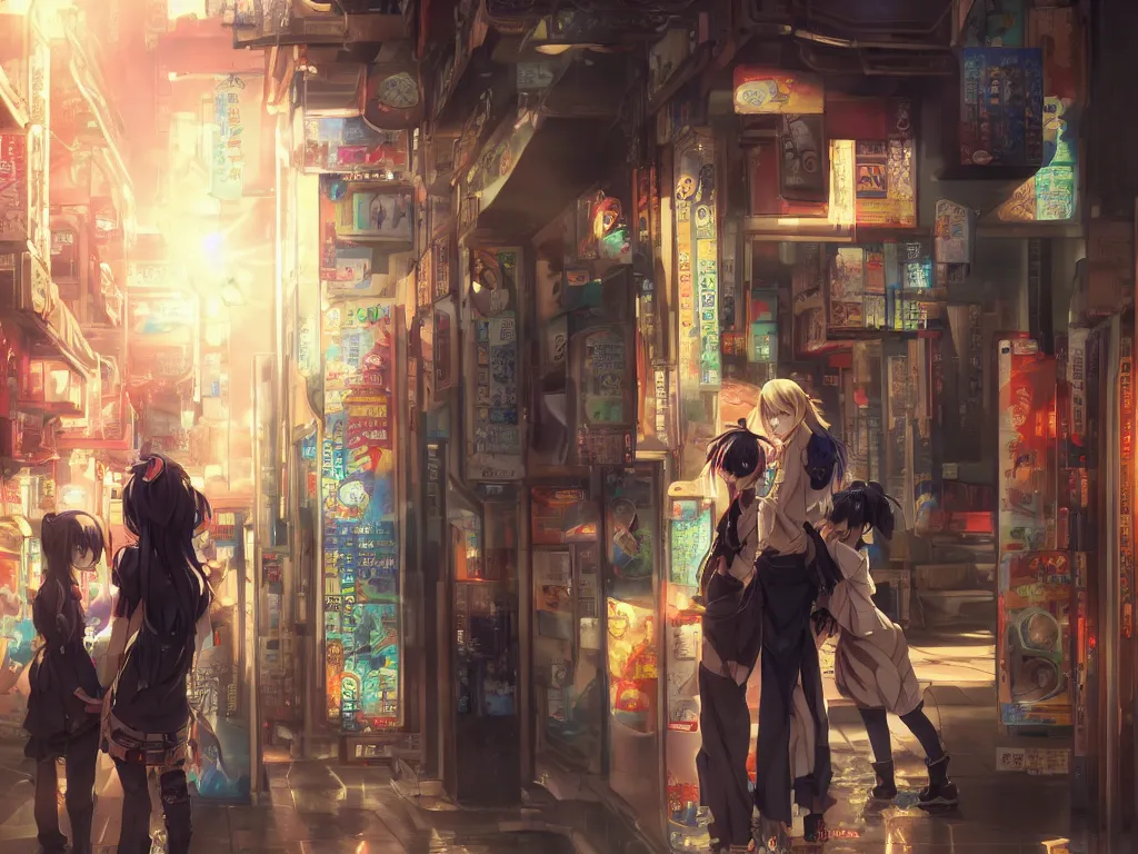 Image similar to Two beautiful anime girls, standing in front of a vending machine outside of a Japanese convenience store, in narrow Tokyo alleyway, gorgeous sunlight and shadows, D&D, fantasy, highly detailed, digital painting, artstation, concept art, sharp focus, illustration, in style of GUWEIZ and WLOP and NIXEU and Craig Mullins