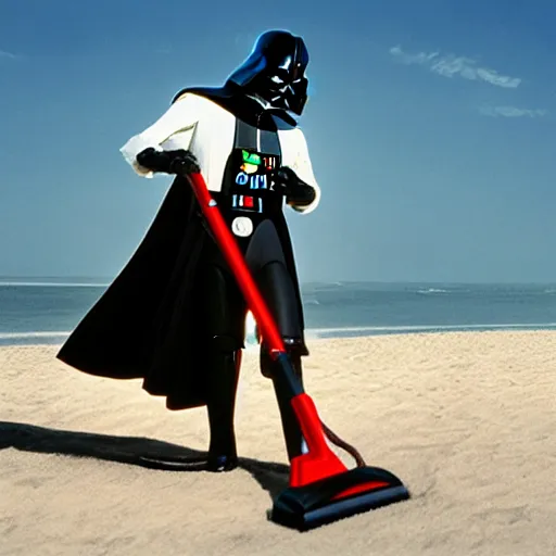 Image similar to darth vader vacuuming the sand on a beach