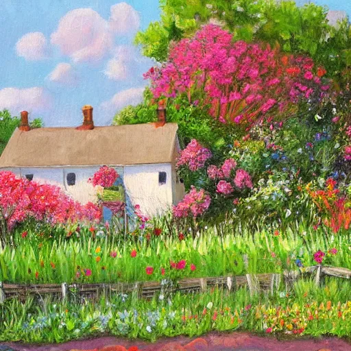 Prompt: a farmhouse surrounded by flowers painting