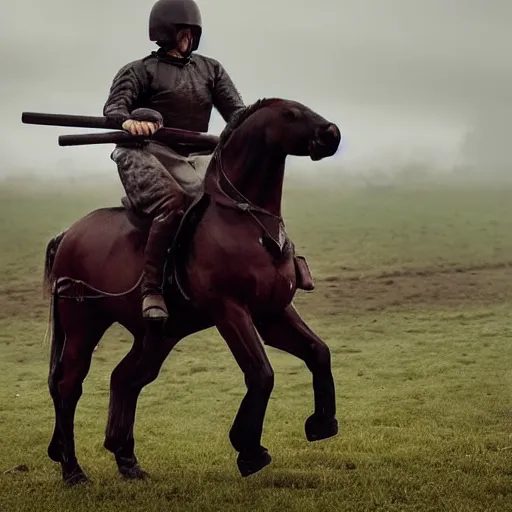 Prompt: a giant baby riding a dalla horse on the field of battle carrying a mace. in the style of scandinavian noir