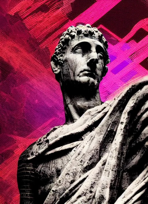 Image similar to black background with subtle red and purple design elements, statue of julius caesar, nekro, abstract art, thin lines, dark, glitch art, neo vaporwave, gritty, layout frame, trending on artstation