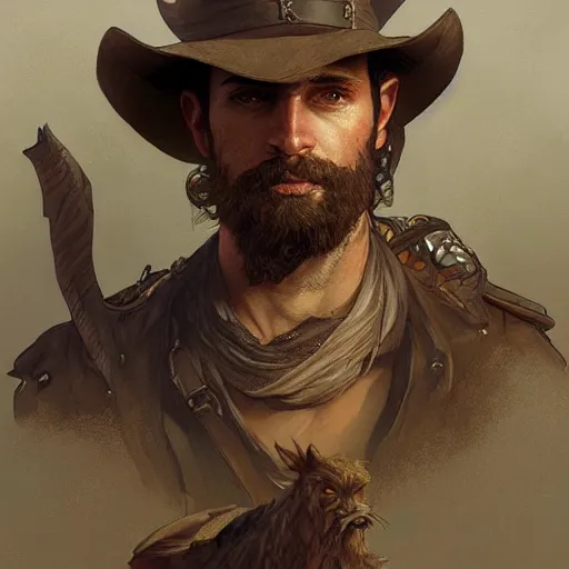 Prompt: portrait of a rugged male ranger, D&D, fantasy, intricate, elegant, highly detailed, digital painting, artstation, concept art, smooth, sharp focus, illustration, art by artgerm and greg rutkowski and alphonse mucha