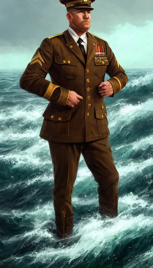 Image similar to proud commodore marine captain, stern look, late xix century commander vest, full body portrait xix immpresionist paint, wild ocean background, highly detailed, digital painting, artstation, concept art, sharp focus, illustration, art by Artgerm, Greg Rutkowski, Craig Mullins, WLOP, Ross tran, James Jean, Andrei Riabovitchev, magic the gathering, - W 640