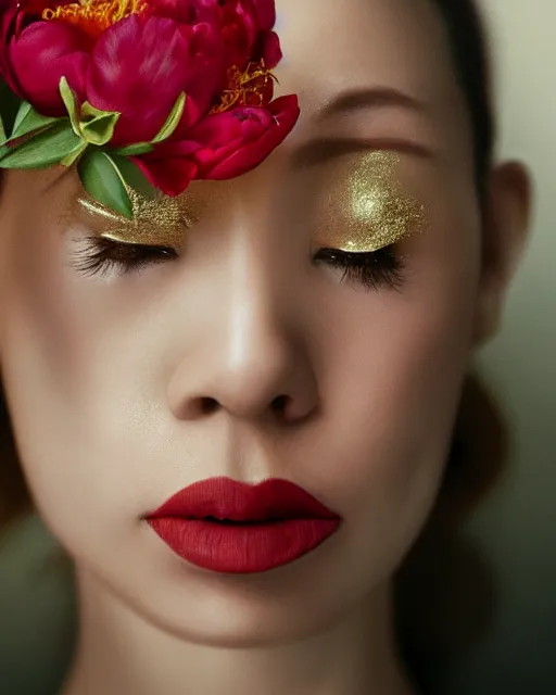 Prompt: Portrait of a woman, close-up, high sharpness, zeiss lens, fashion photo shoot, peony flowers, red hair, red lipstick, in the background of gold, on their face stratsEnni Leibovitz and Steve McCurry, David Lazar, Zhong Lin, Jimmy Nelsson, Eiko Hosoe , artistic, hyper-realistic, beautiful face, octane rendering