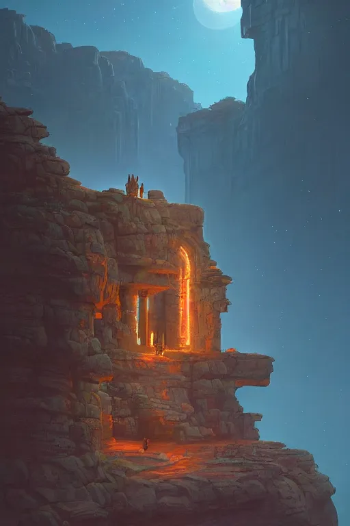 Image similar to ancient temple on a rocky cliff in a canyon, shooting stars in the night sky, dramatic lighting, artstation, matte painting, ralph mcquarrie, simon stalenhag