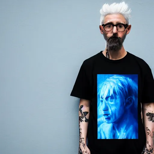 Prompt: a man with blue hair and a black shirt, a pastel by Mikoláš Aleš, unsplash, photorealism, 8k, hd, high quality photo