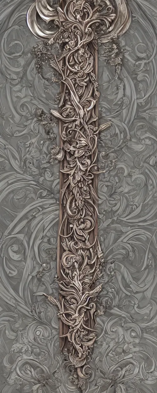 Prompt: beautiful fantasy giant sword carved with decorative ornament, acanthus scrolls, lilies, ivy, energy, geometry, bones, petals, stems, ceremonial clouds, dripping paint, fibonacci rhythm, artstation, artgerm, wlop, symmetric ornaments, v 0 0 0 0 1