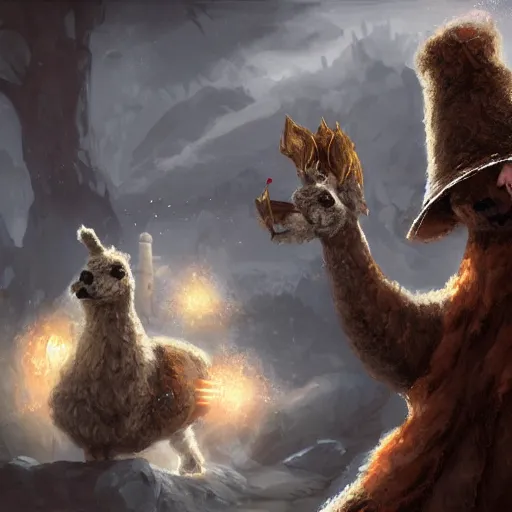 Prompt: Anthropomorphized Alpaca magician casting spell, magic the gathering artwork, cloak, hat, D&D, fantasy, cinematic lighting, centered, symmetrical, highly detailed, digital painting, artstation, concept art, smooth, sharp focus, illustration, volumetric lighting, 8k, art by Akihiko Yoshida and Greg Rutkowski