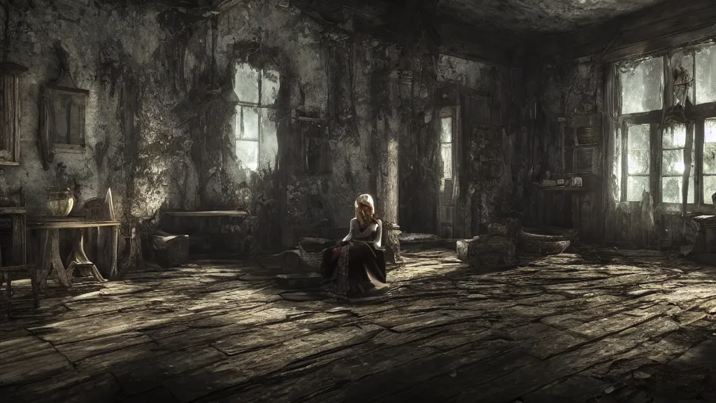 Prompt: a witch sitting in the shadows on the inside of a decrepit cottage, highly detailed interior, hyperrealistic, Cryengine 8k UHD