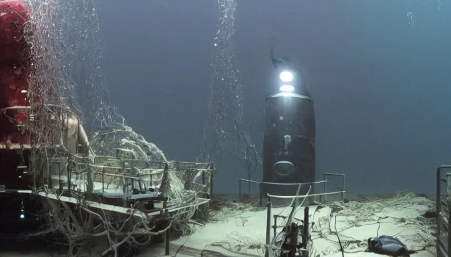 Image similar to Big budget horror movie, a submarine approaches an underwater biolab, deep in the ocean, dark and gloomy