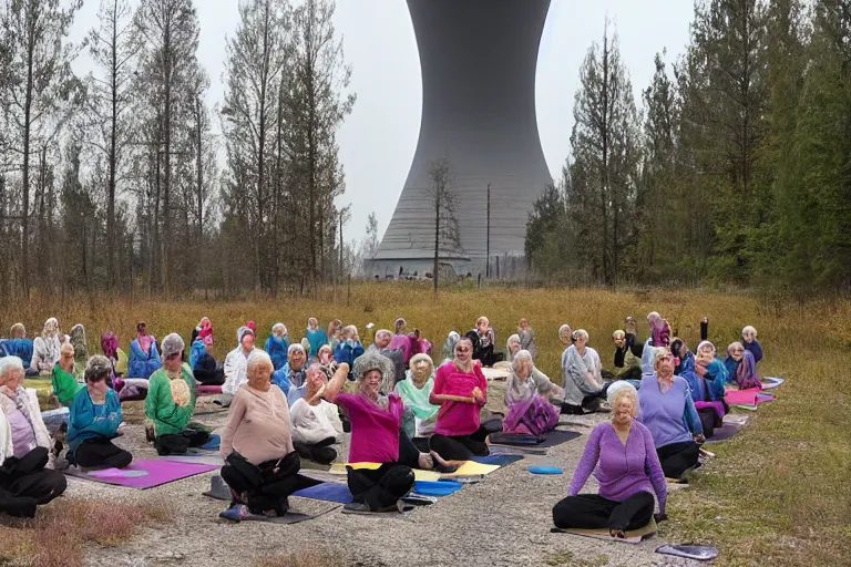 Image similar to senior citizen yoga club meeting, outside Cherynobyl nuclear reactor during meltdown