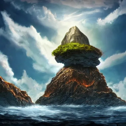 Image similar to a flying island in the sky, clouds background, a giant rock in the sky, epic fantasy style art, fantasy epic digital art