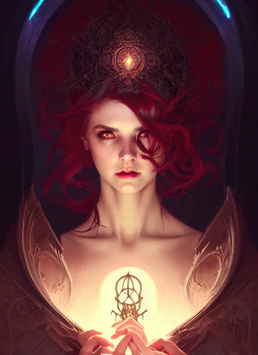 Image similar to Necromancer Sorceress, fantasy magic, undercut hairstyle, dark light night, intricate, elegant, sharp focus, illustration, highly detailed, digital painting, concept art, matte, art by WLOP and Artgerm and Greg Rutkowski and Alphonse Mucha, masterpiece