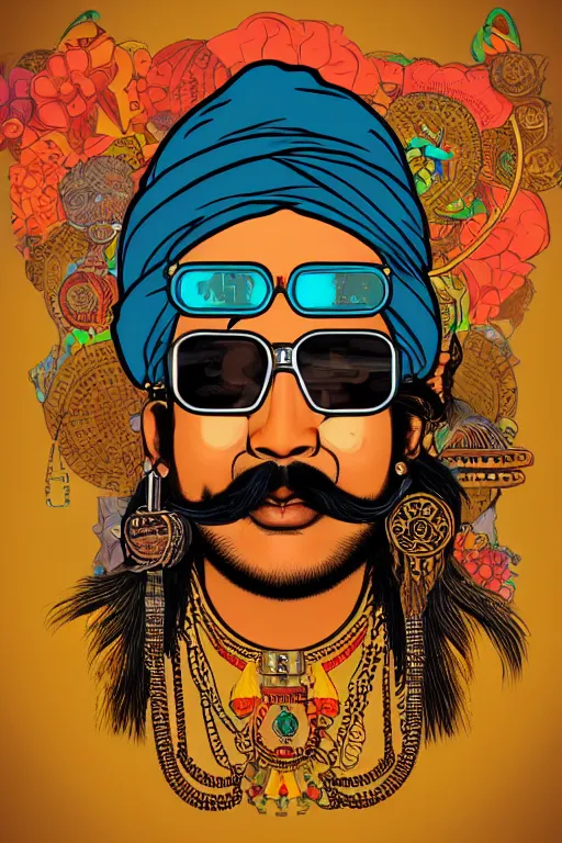 Image similar to face portrait of an indian man with long neon moustache rajasthani pagdi wearing steampunk goggles and jewelry, art by butcher billy and mucha, sticker, colorful, illustration, highly detailed, simple, smooth and clean vector curves, no jagged lines, vector art, smooth