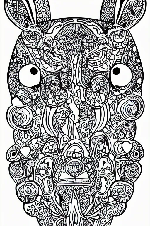 Image similar to bunny head, ornaments, closed shapes, outlines, ink drawing, line art colouring page