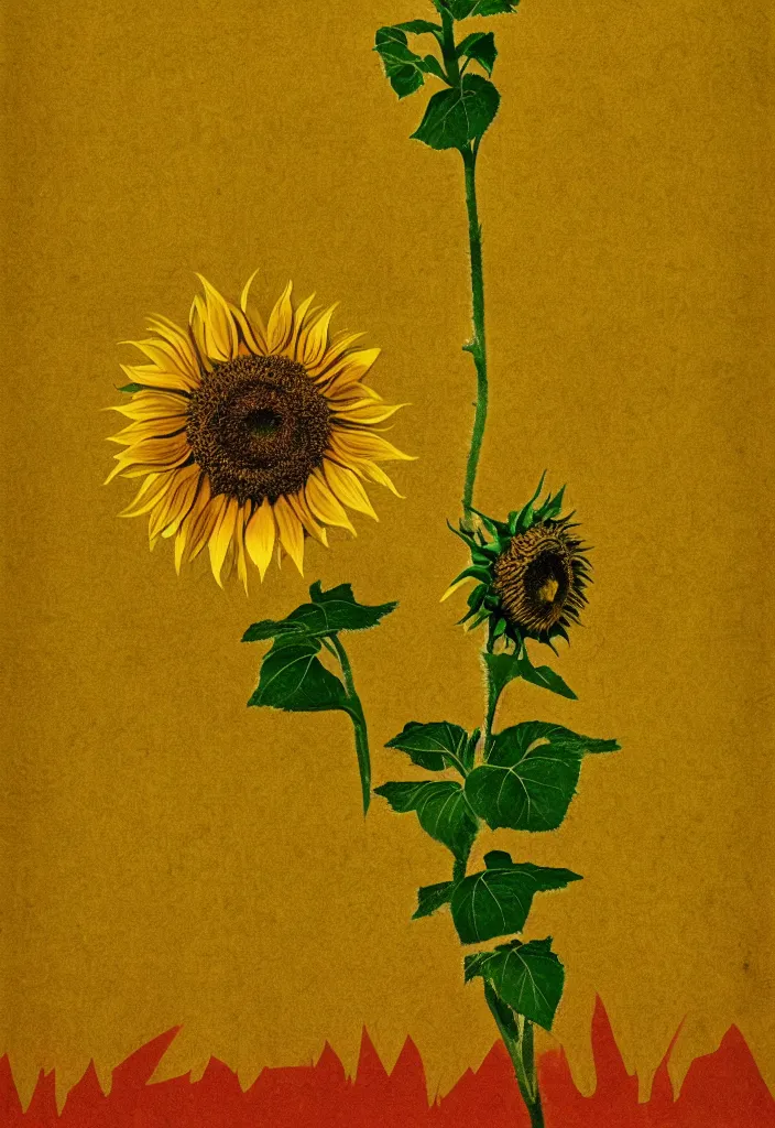 Prompt: A communist Propaganda Poster of a single sunflower in a vast dry field.