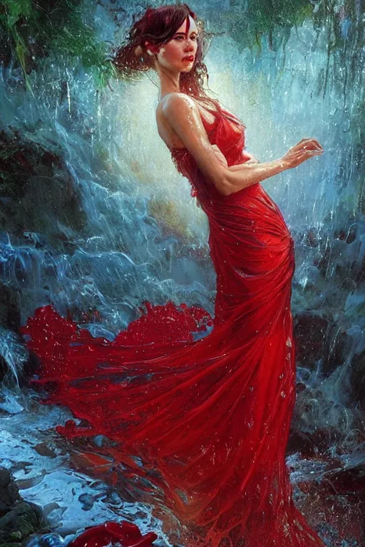 Prompt: portrait of a beautiful woman wearing a red dress, drenched body, wet dripping hair, emerging from the water, fantasy, regal, fractal crystal, fractal gems, by stanley artgerm lau, greg rutkowski, thomas kindkade, alphonse mucha, loish, norman rockwell ross tran