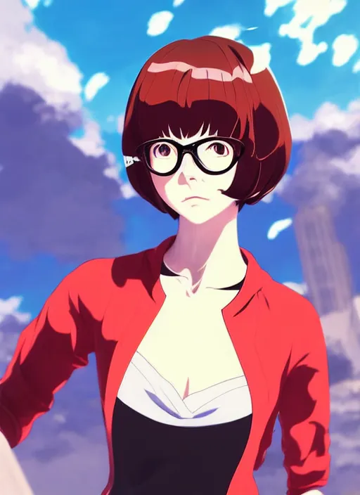 Image similar to Painting of Velma Dinkley in the style of Persona 5, anime style, winged eyelashes, countryside, calm, fantasy character portrait, dark outlines, dynamic pose, above view, sunny day, artwork by Makoto Shinkai, very coherent asymmetrical artwork, sharp edges, perfect face, simple form, 100mm