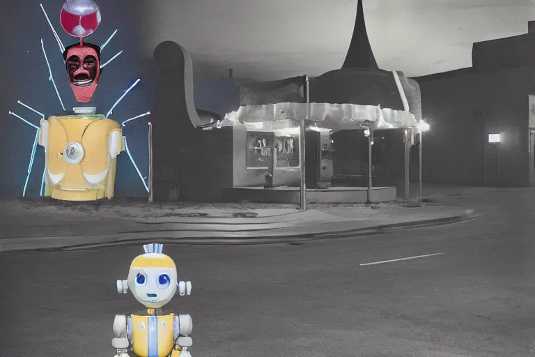 Image similar to robot clown relaxing at a california drive in, in 1 9 5 2, cutecore clowncore, bathed in the the glow, alien castle in background, low - light photograph, in style of tyler mitchell, cut and paste collage