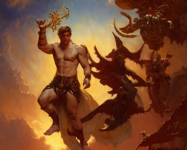 Image similar to attractive heroic male deity, casts magic, summoning handsome heroic lucifer morning star. highly detailed painting by gaston bussiere, craig mullins, j. c. leyendecker 8 k