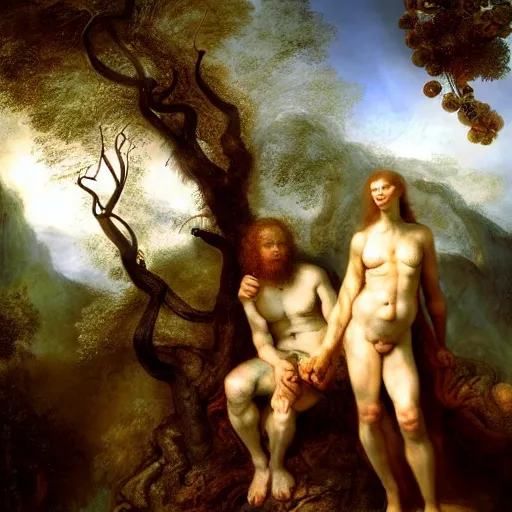 Prompt: adam and eve at paradise as a rembrandt paint, forbidden tree, art concept, artstation,