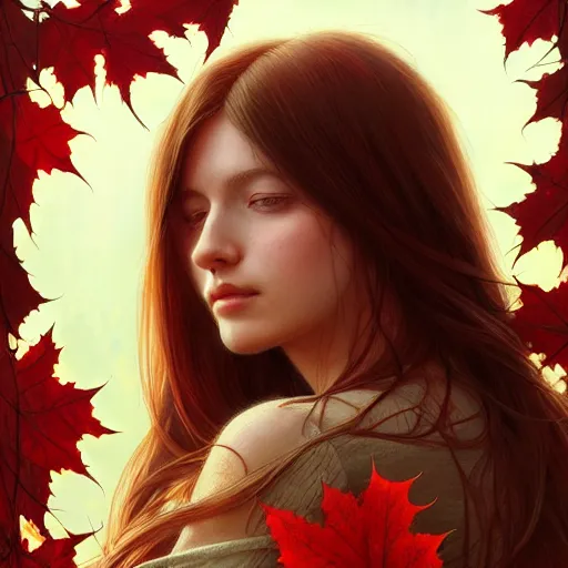 Image similar to girl with super long hair, hair becoming autumn red leaves, intricate, highly detailed, digital painting, artstation, concept art, smooth, sharp focus, illustration, unreal engine 5, 8 k, art by artgerm and greg rutkowski and alphonse mucha