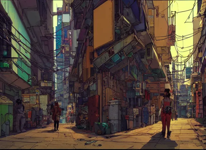 Image similar to a cyberpunk hong kong alley with robots and humans walking around by moebius, pixar color palette, clear details, ground level