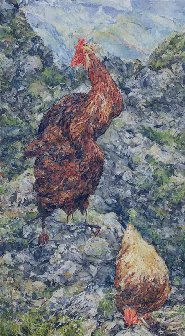 Prompt: giant chicken on a mountain top, elegant, painting