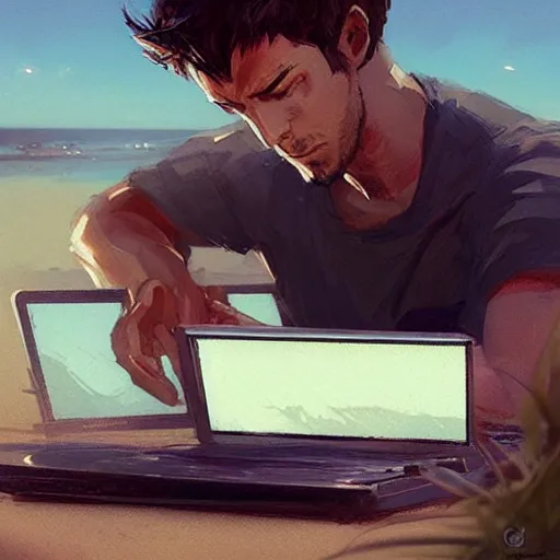 Prompt: concept art of man working on laptop at beach, perfect face, fine details, by greg rutkowski, makoto shinkai