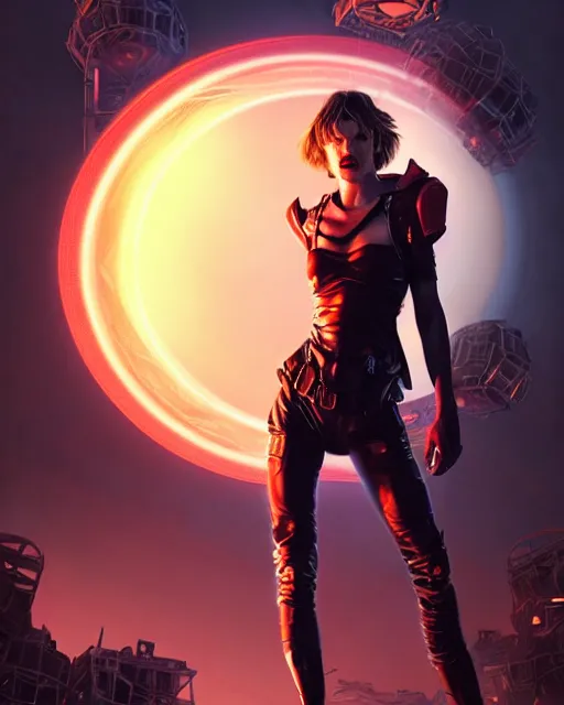 Image similar to Milla Jovovich surrounded by a red force field bubble and levitating high in the air above a destroyed dystopian city by night, shot from behind, ultra-wide angle, D&D, fantasy, intricate, elegant, highly detailed, digital painting, artstation, concept art, matte, sharp focus, illustration, hearthstone, art by Artgerm and Greg Rutkowski and Alphonse Mucha