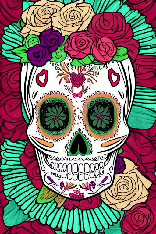 Prompt: illustration of a sugar skull day of the dead girl, art by joe mudureira