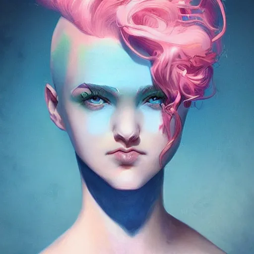 Image similar to beautiful magic angel with flowing pink hair, full body, blue piercing eyes, high brows, beautiful aesthetic, by james jean, trending on artstation, digital art