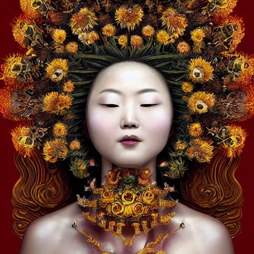 Prompt: Portrait of the Sunflower Goddess, a Chinese female deity that brings joy and light onto the world. Headshot, insanely nice professional hair style, dramatic hair color, digital painting, of a old 17th century, amber jewels, baroque, ornate clothing, scifi, realistic, hyperdetailed, chiaroscuro, concept art, art by Franz Hals and Jon Foster and Ayami Kojima and Amano and Karol Bak,