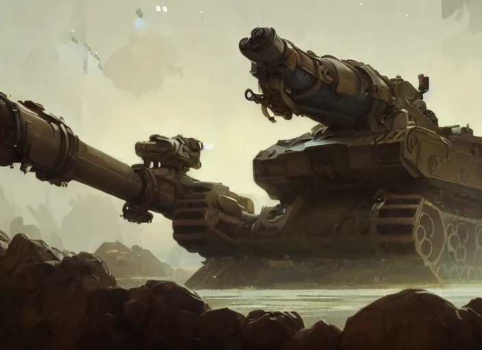 Image similar to a giant tank in the format of a bear with a giant cannon in his back, exoskeleton, technology, elegant, highly detailed, digital painting, artstation, concept art, smooth, sharp focus, illustration, art by krenz cushart and artem, demura and alphonse mucha