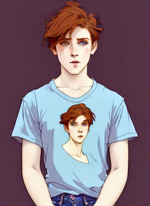 Image similar to art nouveau portrait of a teen boy with completely straight auburn hair, light blue eyes, pale skin, freckles, sad expression, t - shirt, modern casual clothing, natural lighting, path traced, highly detailed, high quality, cartoon, digital painting, by don bluth and ross tran and studio ghibli and alphonse mucha