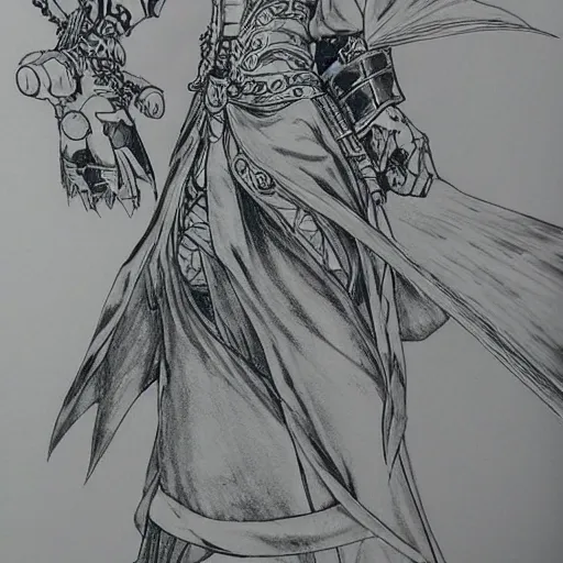 Image similar to a mage from final fantasy 14 drawn by Yoshitaka Amano, amazing linework