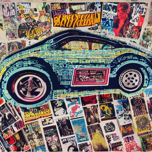 Image similar to sportscar made out of punk album art sleeves, 3 5 mm film