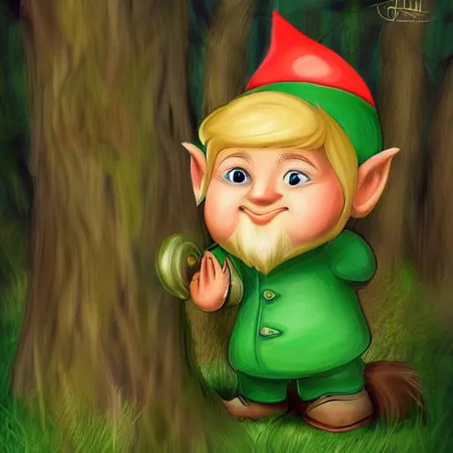 Image similar to a gnome with blonde hair, green eyes, and light maple colored skin lurking in the forest, digital art