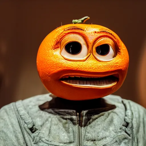 Image similar to a taxidermized annoying orange, in a museum, 8 5 mm lens, 7 0 mm entrance pupil diameter