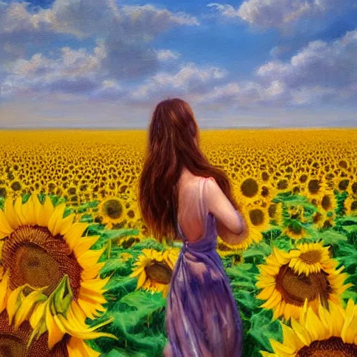 Image similar to a girl slowly walking through amazing tall sunflower field, hair flowing, early morning lighting, elegant, subtle, intricate details, real masterpiece, oil on canvas, by somsak anong