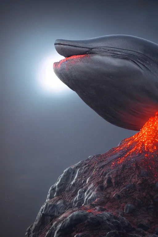 Prompt: a octane render of volcano and a tiny whale inside a boel, close - up studio photo, lighting path traced, highly detailed, high quality, hyper - realistic, max accurate,