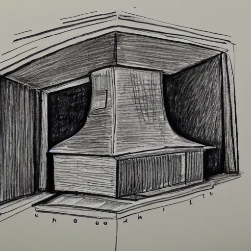 Prompt: sketch of a furnace with people around it, pen on paper simple drawing by a 1 0 year old