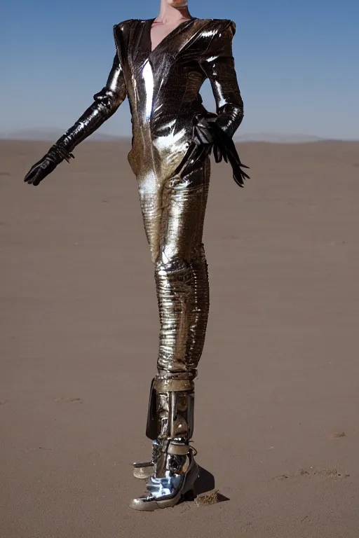 Image similar to portrait davis taylor brown dressed in 1 9 8 1 space fantasy fashion, avante garde, shiny metal, standing in a desert