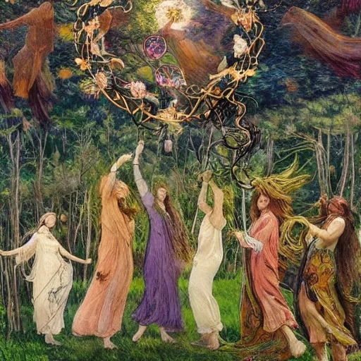 Prompt: preraphaelite hippies dancing in a flower forest, magic occult ceremony ritual summoning guitar, flowing forms, viewed from below, ultra wide angle, beautiful sky, highly detailed