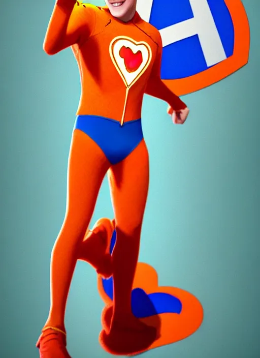 Image similar to friendly teenage archie andrews wearing an orange superhero costume with heart logo, heart, freckles, blue cape, heart emblem on chest, blue cape, intricate, elegant, glowing lights, highly detailed, digital painting, artstation, sharp focus, illustration, art by wlop, mars ravelo and greg rutkowski