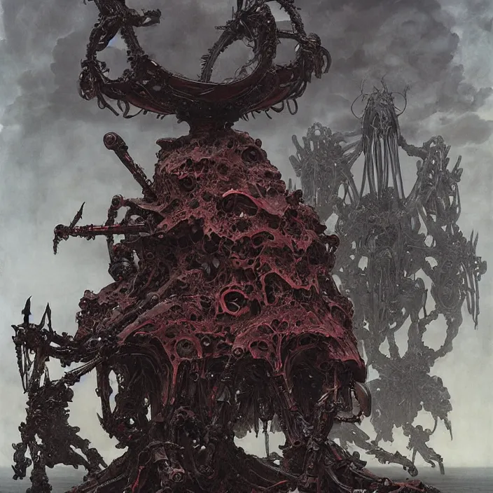 Image similar to still frame from Prometheus by Jakub Rozalski and utagawa kuniyoshi, infinite Hell Scape with gigantic mecha demon and ornate bone cyborgs by Wayne Barlowe by peter Mohrbacher by Giger, dressed by Alexander McQueen and by Neri Oxman, metal couture hate couture editorial